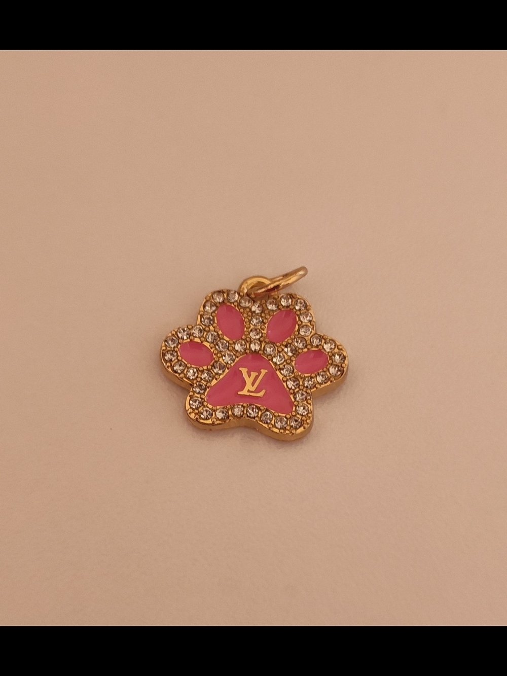 LOUIS VUITTON Pink Enamel Crystal Paw Print Zipper Pull Gold Tone 1.8"